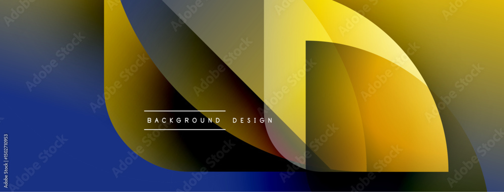Poster abstract geometric shapes overlap, creating vibrant color gradients. design features yellow, blue, o
