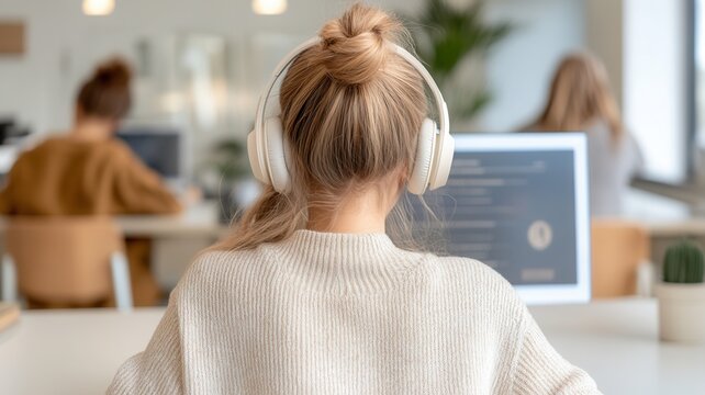 Young her with headphones studying at girl computer, focusing on a online coursework in a modern home environment
