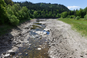 Dried Riverbed Surrounded by Forested Slopes in a Sunny Landscape
