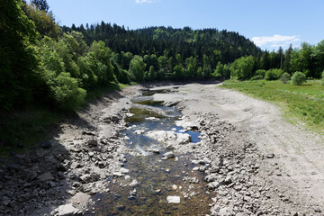 Dried Riverbed Surrounded by Forested Slopes in a Sunny Landscape