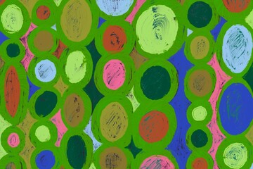油絵のカラフルな丸を使った抽象背景。幾何学的なコンポジション。黄緑・ピンク・水色