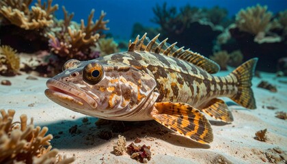Naklejka premium Close-up of a vibrantly patterned grouper fish lying on sandy ocean floor surrounded by coral reefs in clear tropical waters.