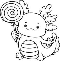 Outline of Illustration of cute axolotl activities icon.
Lineart of Funny pink axolotl in daily routine stickers.

