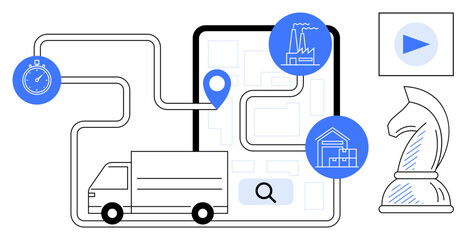 Delivery truck, route map, location markers on digital device, stopwatch, factory, warehouse, chess knight represent strategic planning. Ideal for logistics, transportation supply chain business