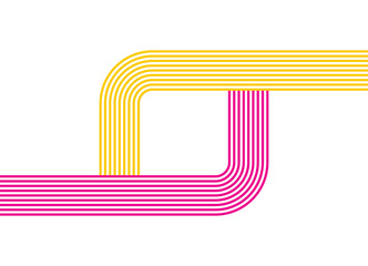 Abstract geometric pattern of colored parallel lines curved at an angle of 90 degrees. Yellow and purple lines on a white background. Modern minimalist design element, for backgrounds, presentations