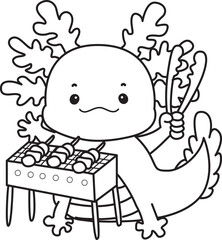 Outline of Illustration of cute axolotl activities icon.
Lineart of Funny pink axolotl in daily routine stickers.
