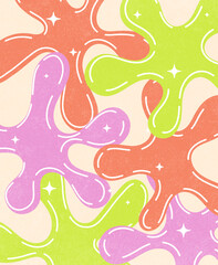 Abstract Colorful Background with Bright Spots and Stars, Groovy, Colorful Vintage Banner with Texture, Modern Design with Liquid Shapes, Summer Flyer