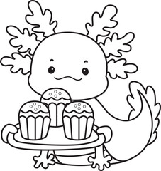 Outline of Illustration of cute axolotl activities icon.
Lineart of Funny pink axolotl in daily routine stickers.

