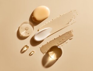 A beige background is overlaid with cosmetic smears of a creamy texture