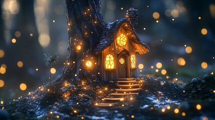 Enchanted woodland dwelling nestled in tree, illuminated by magical orbs and twinkling lights