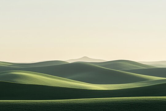Gentle, rolling hills of vibrant green, bathed in soft, pale light