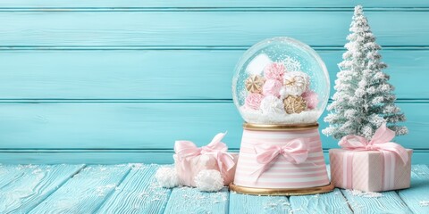 Snow globe with a pink ribbon and miniature tree inside on a white background, soft daylight.