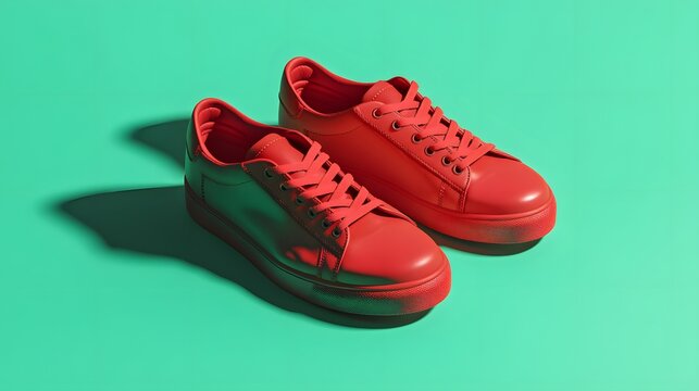 Digital render of two red sneakers resting on a bright green background, casting a shadow.