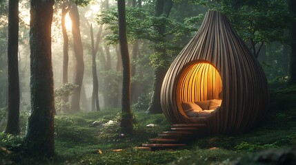 Contemporary wooden pod retreat nestled within the serenity of a lush forest setting
