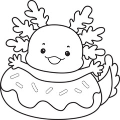 Outline of Illustration of cute axolotl activities icon.
Lineart of Funny pink axolotl in daily routine stickers.

