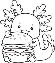 Outline of Illustration of cute axolotl activities icon.
Lineart of Funny pink axolotl in daily routine stickers.

