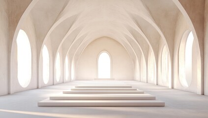 Light-filled, minimalist, arched hall with steps