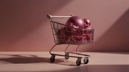 A miniature shopping cart filled with shiny rose-gold spheres sits on a pale pink surface, bathed in soft, directional light, casting a shadow. 