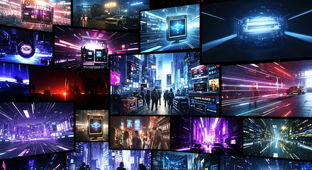 Futuristic Digital Screens and Virtual City Interface

