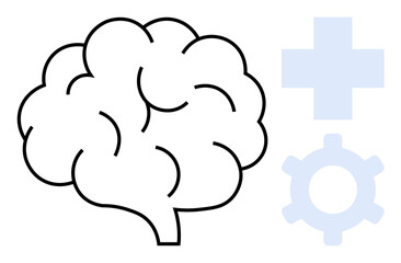 Brain outline beside medical cross and gear evokes themes of mental health, innovation, healthcare, productivity, problem-solving, cognitive processes, and creativity. Ideal for wellness, science