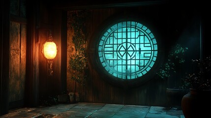 Mystical interior featuring a round window emitting an ethereal turquoise glow