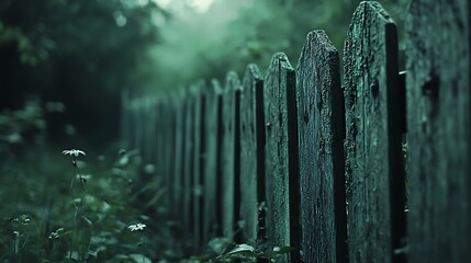 Eerie wooden fence disappearing into misty greenery with wild daisies in foreground