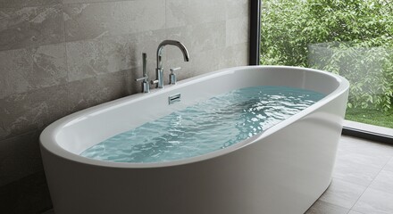 Bathtub Filled with Water Near a Window and Stone Wall
