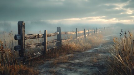 Foggy pasture landscape featuring a weathered wooden fence vanishing into distance