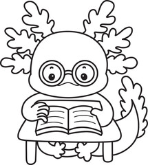 Outline of Illustration of cute axolotl activities icon.
Lineart of Funny pink axolotl in daily routine stickers.
