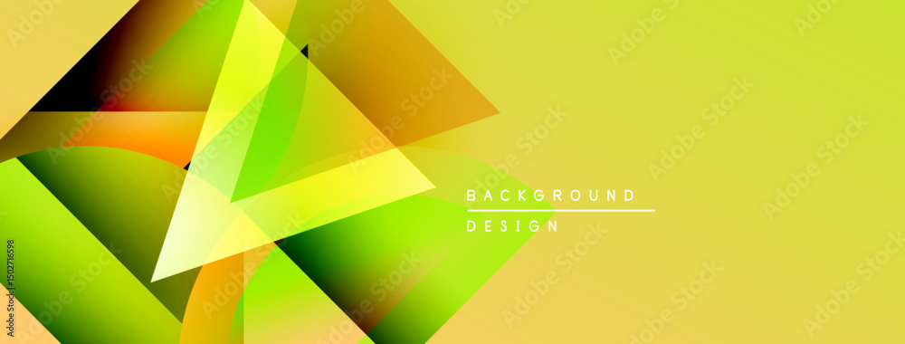 Poster abstract geometric shapes overlap, creating vibrant yellow, green gradients. modern design feels ene
