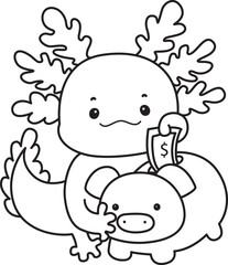 Outline of Illustration of cute axolotl activities icon.
Lineart of Funny pink axolotl in daily routine stickers.
