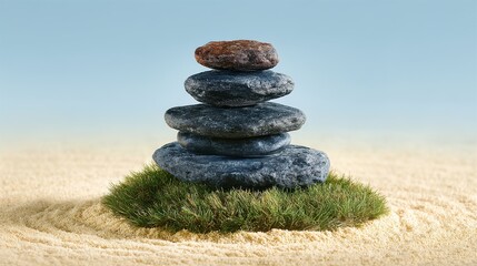 Balanced Dark Gray and Brown Stones on Moss in Sand