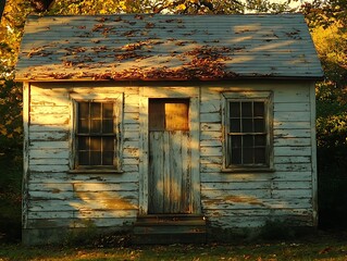 Quaint, weathered shed nestled amongst autumnal foliage in the evening light