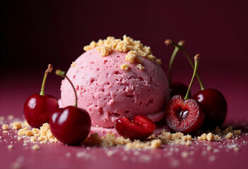 Strawberry ice cream with a mysterious, glossy and cherry  topping, set against a dark background.