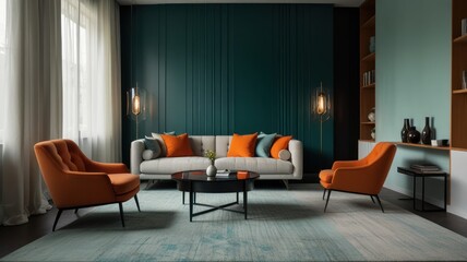 Fototapeta premium A modern living room features a light beige sofa with orange accent pillows, flanked by two burnt orange armchairs. A dark teal accent wall contrasts with light mint green shelving. 