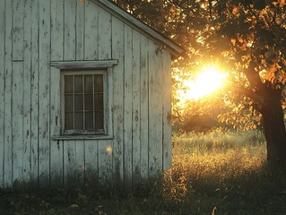 Tranquil scene of an old weathered building bathed in the glow of sunset