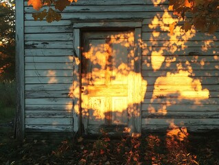 Rustic doorway bathed in golden hour light with leaf shadow patterns at sunset