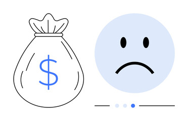 Money bag symbolizing finances near a sad face and simple loading bar, highlighting financial stress, budgeting struggles, payment delays. Ideal for finance, business, economy, emotions, stress