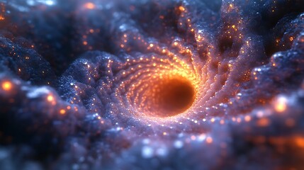 Mystical galaxy portal with glowing dust particles on rippling terrain surface