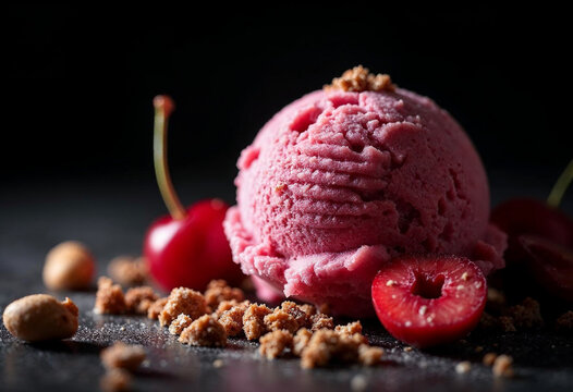 Strawberry ice cream with a mysterious, glossy and cherry  topping, set against a dark background.