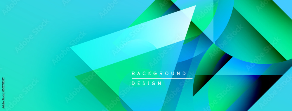 Poster abstract geometric shapes overlap, creating vibrant blue, green gradients. modern design suggests di