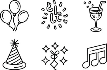 Outline style birthday party elements balloons confetti cocktail music hat design