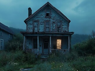 Atmospheric view of an old weathered house standing against a deep blue sky