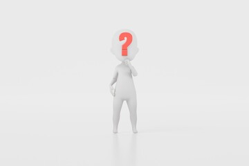3D A Man thinking with a question mark icon. Minimal Cartoon white human sticky with red question mark isolated on white background. Looking for a solution. Decision and problem concept. 3d render.
