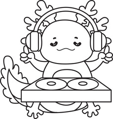 Outline of Illustration of cute axolotl activities icon.
Lineart of Funny pink axolotl in daily routine stickers.
