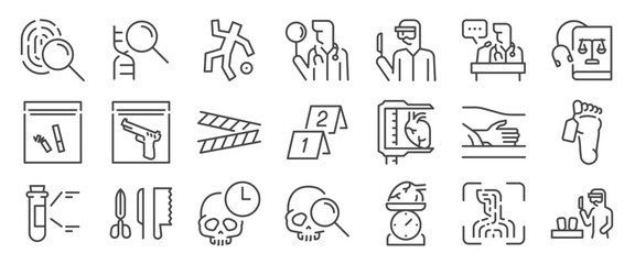 Forensic science icon set. It includes autopsy, crime, prove, evidence, investigation and more icons. Editable Vector Stroke.

