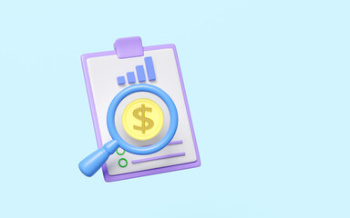 3d magnifying glass with clipboard, checklist paper, dollar coin, bar graph isolated on blue background. analysis business financial data, business strategy concept, 3d render illustration