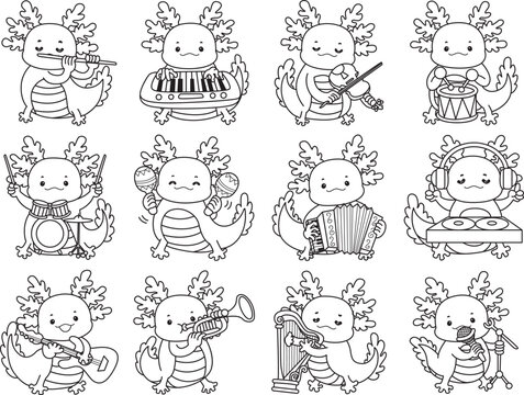 Outline of Illustration of cute axolotl activities icon.
Lineart of Funny pink axolotl in daily routine stickers.
