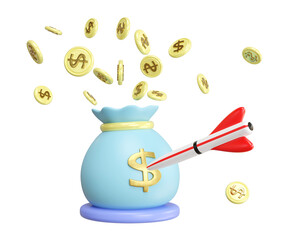 3d money bags with darts or arrow, exploding dollar coins isolated. Business finance goals and achievements concept, 3d render illustration