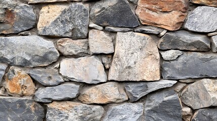 Fototapeta premium Photograph of stone wall, irregular gray and brown rocks, textured surface, rustic construction.
